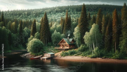 A secluded cabin on the riverbank, enveloped by dense woods.
