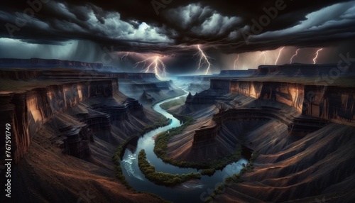A dramatic thunderstorm over a rugged canyon with the river reflecting the dark, moody skies.