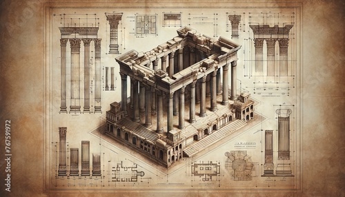 A detailed, vintage-style architectural blueprint of the Temple of Artemis, showcasing its grandeur and complexity.