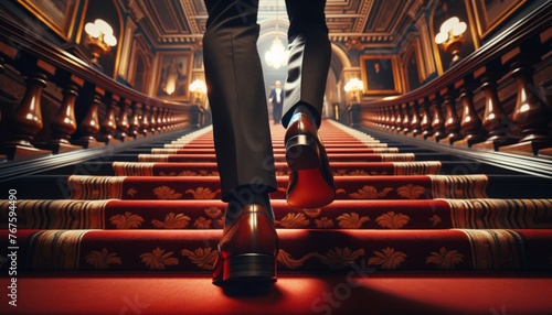 A person's feet in professional, polished dress shoes, ascending a grand, carpeted staircase within an elegant, historic building.