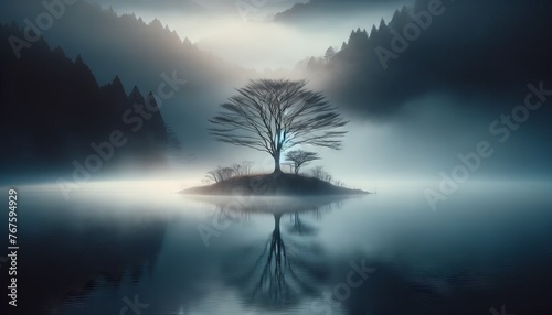 A solitary, leafless tree stands on a tiny island at the center of a misty lake.