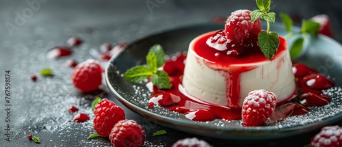 Velvety panna cotta raspberry coulis swirl