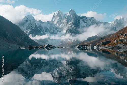 Landscape of snow-covered mountains with the tranquil pool, focusing on the serene atmosphere