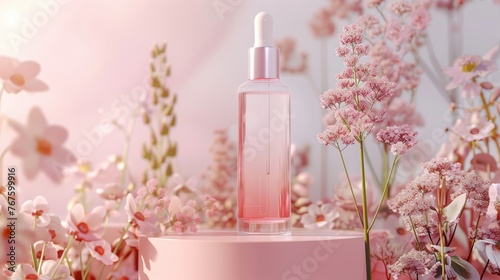A bottle of perfume is displayed on a pedestal in front of a field of pink flowers. The bottle is tall and slender, with a pink cap. The flowers are in full bloom, creating a beautiful
