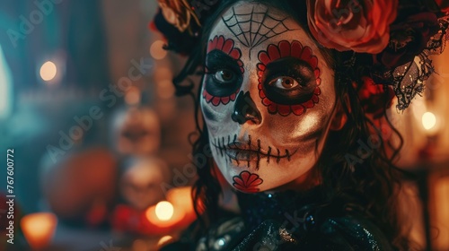 A woman with a skeleton face and a flower headdress. She is wearing a black dress and has red and white makeup