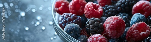 Freshly picked wild berries including blackberries, raspberries, and dewberries arranged in a glass bowl, with space around for your promotional content.