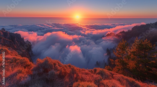 Sunrise over the clouds in Oregon with trees on hills