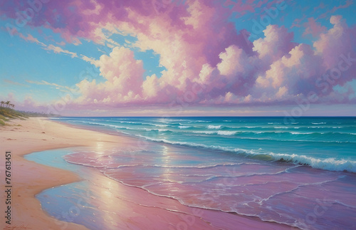 The clouds and the sea are pastel tones and feel like a dream in a novel