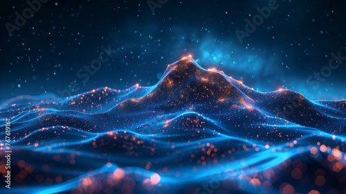On top of a mountain is a digital target. Abstract business goal and success concept. Road to success. High poly wireframe illustration. Leadership metaphor on blue technology background.