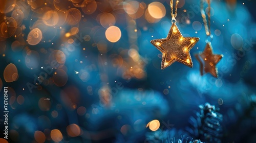 Golden Christmas Star Lights Hanging on Blue Background with Abstract Bokeh