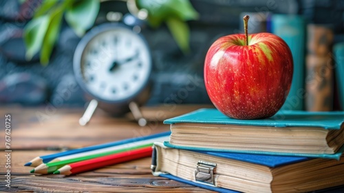Back to School Essentials: Apple on Piled Books with Pencils and Alarm Clock