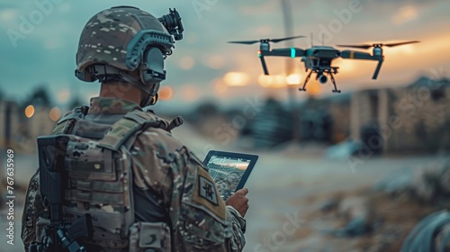 A soldier with a tablet in his hands controls a patrolling quadcopter. Modern military weapons