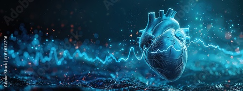 An elongated banner featuring a photorealistic blue-tinted heart with a vivid ECG wave crossing the image. Generative AI
