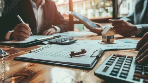 Businessman involved in real estate transaction with small model house on table. generative AI image