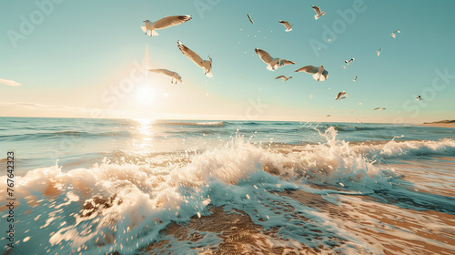 Seascape with sandy resort beach, frothy wave and seagulls sunny summer day. Wallpaper.