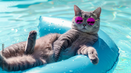Funny cat wearing sunglasses rest on inflatable mattress in a swimming pool. Summer vacation, hotel resort, tour operator, travel, pet shop creative concept. Recreation, relax