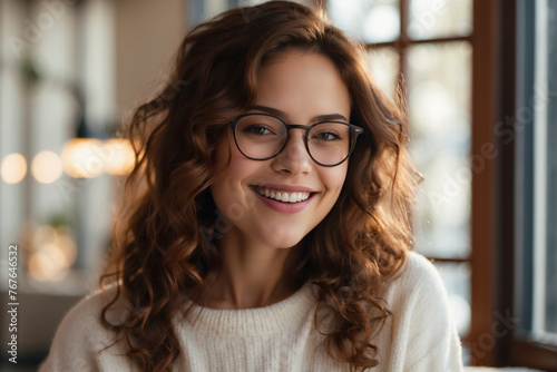 Lächelnde junge Frau mit Brille und braunen Locken in hellem Raum