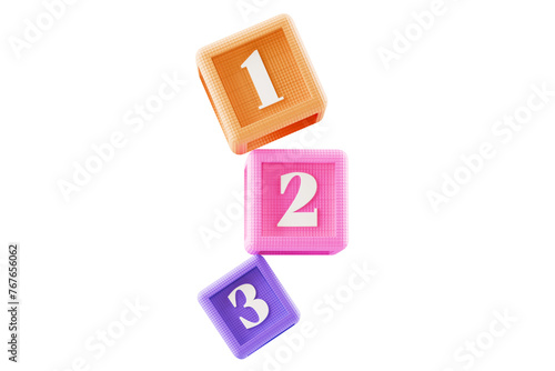 number 1,2,3 text on colourful building block cubes, on transparent background