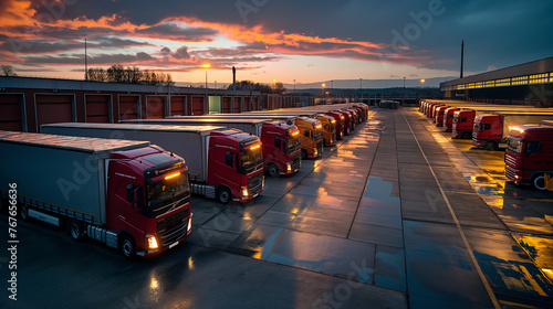 Amidst the sleek architecture of modern warehouse buildings, a convoy of trucks is lined up neatly in a well-lit parking lot yard, bustling with activity as workers load and unload goods