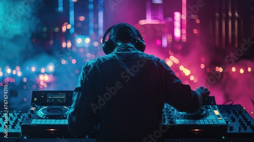 DJ plays music with a neon theme, AI generated Image