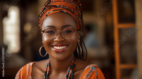 Une belle femme noire, heureuse et souriante portant un turban africain et des lunettes, image avec espace pour texte.