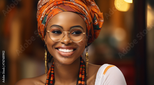 Une belle femme noire, heureuse et souriante portant un turban africain et des lunettes.