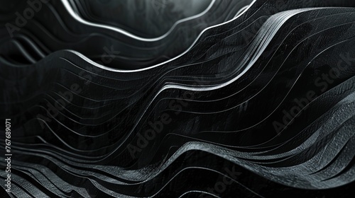 A black and white image of a wave with a dark, almost metallic look. The image is abstract and has a moody, almost ominous feel to it