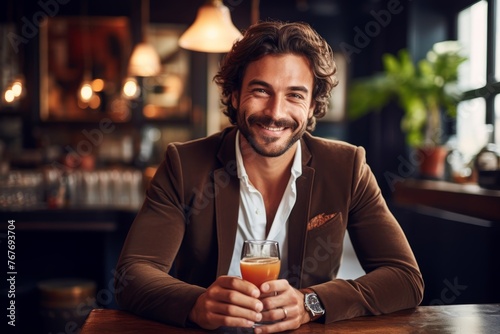  Portrait of a man savoring a Coffee Cocktail with a satisfied expression, highlighting the pleasure of the experience