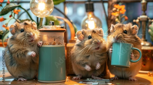 Three hamsters are drinking from a coffee mug and eating food. Generative AI.
