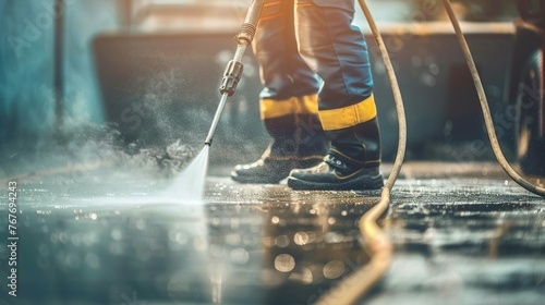 A man is standing in a puddle of water with a pressure washer. The man is wearing a yellow and black outfit
