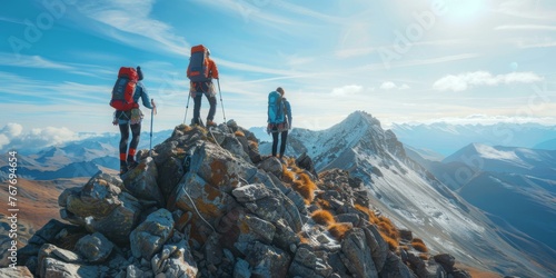 Three people with backpacks standing on top of a mountain. Generative AI.
