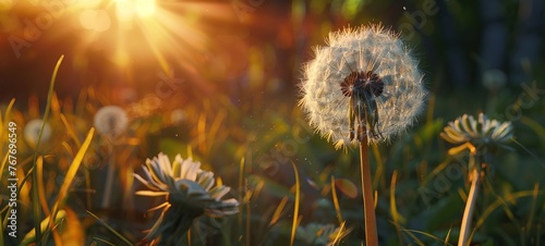 A dandelion is the main focus of the image, surrounded by other flowers in a field. The sun is shining brightly, creating a warm and inviting atmosphere. The dandelion is a symbol of hope