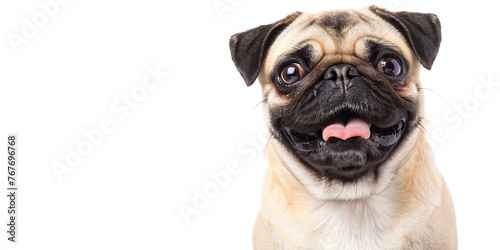 A pug dog is smiling and looking at the camera. The dog has a tongue sticking out and its eyes are wide open