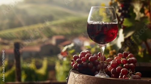 A glass of red wine is on a table next to a bunch of grapes. The wine glass is half full and the grapes are scattered around it. The scene has a relaxed and leisurely atmosphere