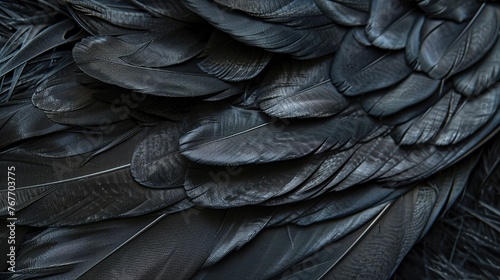 A close up of black feathers, with the focus on the intricate details of the feathers. The feathers are arranged in a way that creates a sense of depth and texture