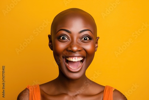 A woman with a shaved head and a big smile on her face. She is wearing an orange tank top