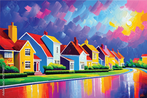 Oil painting of Houses. Urban or suburban neighborhood. Homes with trees. A painting of a city street with houses. Oil paintings city landscape. 