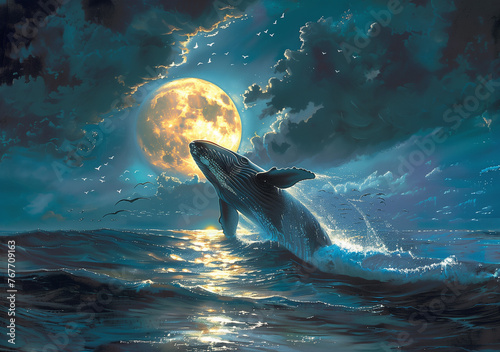Moonlit Encounter: Depict a moonlit night scene where the gentle glow of the moon reflects off the water's surface, casting an ethereal ambiance as the whale breaches gracefully.