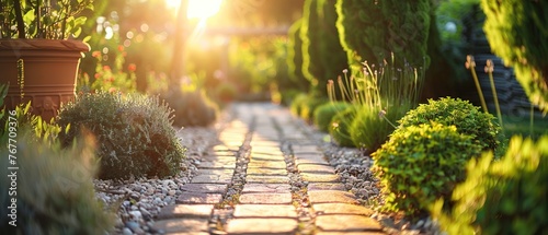 A garden path with a brick walkway and a variety of plants. The plants are arranged in a way that creates a sense of harmony and balance. The sunlight shining on the path adds a warm