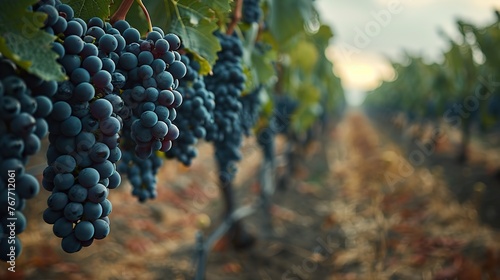 A row of grapes hanging from a vine. The grapes are ripe and ready to be picked. The vine is lush and green, and the grapes are clustered together. Concept of abundance and the beauty of nature