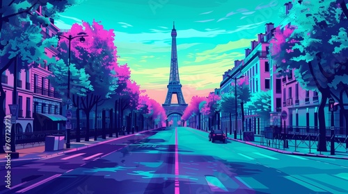 pink and blue sunset skies over a picturesque Paris illustration