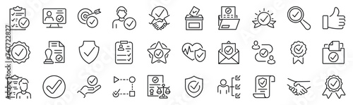 Set of 30 outline icons related to checkmark, validation. Linear icon collection. Editable stroke. Vector illustration