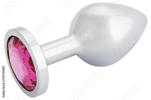 Stainless steel anal butt plug with a pink crystal isolated on a transparent background. Completely in focus.