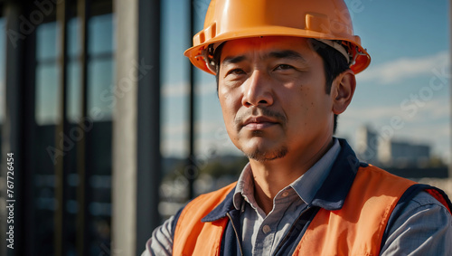 Asiatischer Bauingenieur mit Helm und Warnweste im Porträt auf Hochbaustelle