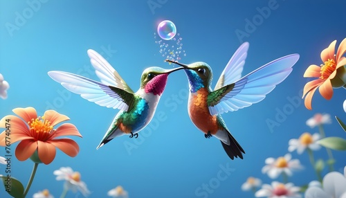 "Against a sky-blue backdrop, a 3D bubble hummingbird character with a happy, childlike expression and a smooth, shimmery texture flutters its delicate wings mid-air.