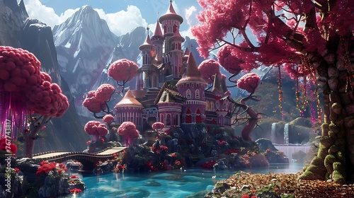 castle on fantasy world, with, candy, sweaty tree beautiful wonderland,