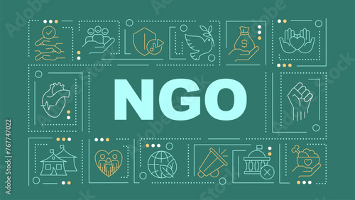 Non governmental organizations green word concept. Nonprofits. Typography banner. Flat design. Vector illustration with title text, editable line icons. Ready to use. Arial Black font used