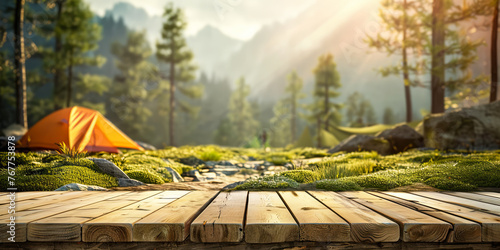 camping wooden tabletop, empty wood table top in green forest, concept of outdoor nature activity dais podium counter product display platform mockup background banner with copy space