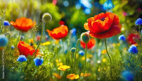 Summer garden with blooming red poppies