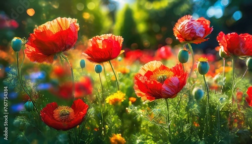 Summer garden with blooming red poppies